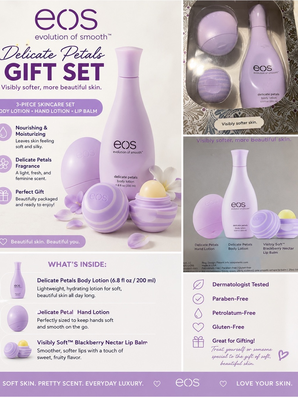 eos Delicate Petals Skincare Trio in Lavender
